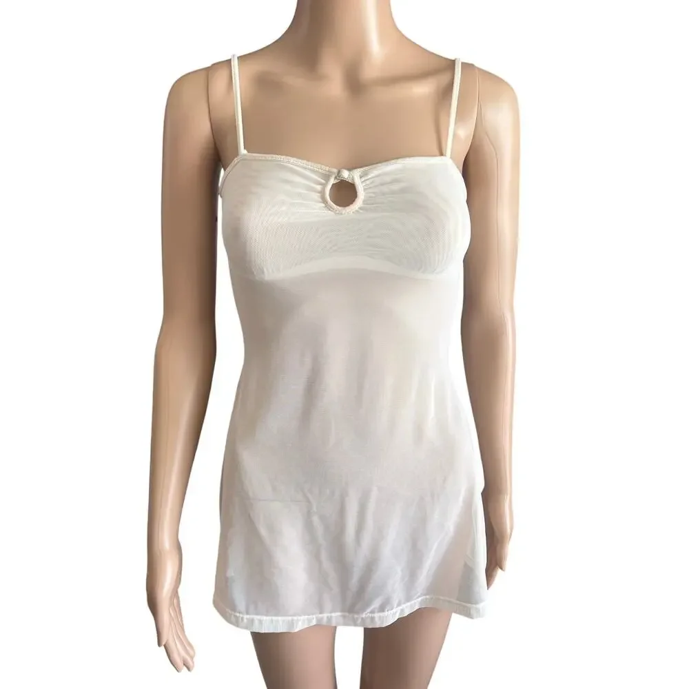 Y2K La Senza Sheer Mesh Lingerie Cami Slip Top Tunic White Rhinestone XS